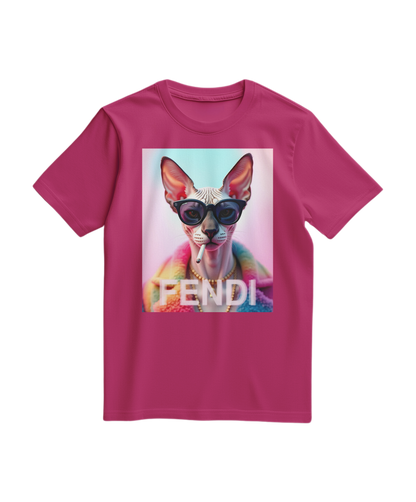 Camiseta Sphynx Prism da Camalestore, t-shirt fúcsia com design de gato Sphynx na frente, estampa vibrante e moderna