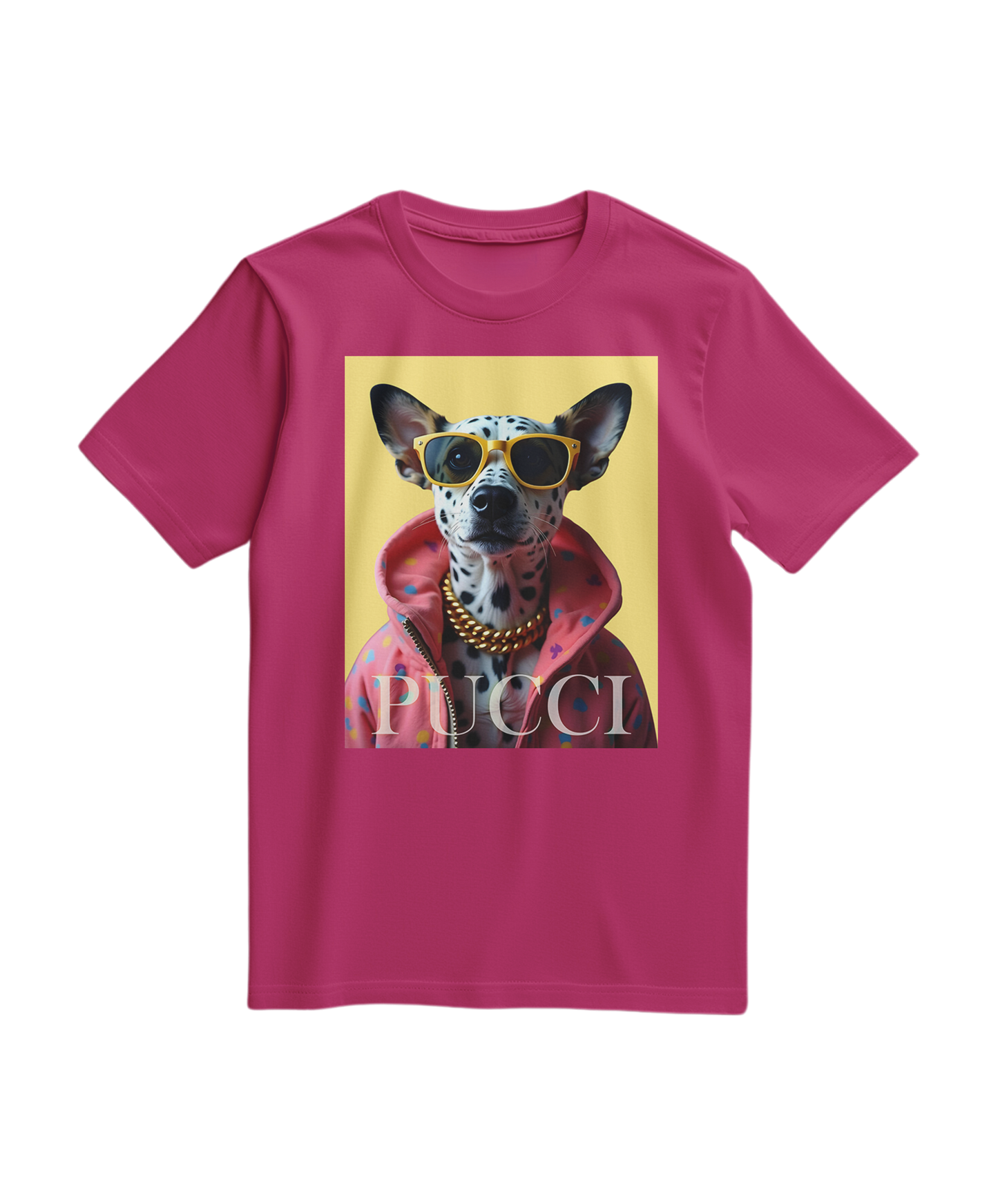 Camalestore T-shirt Hip Dalmatian de cor fucsia com estampa de dálmatas, tecido confortável e estilo casual.
