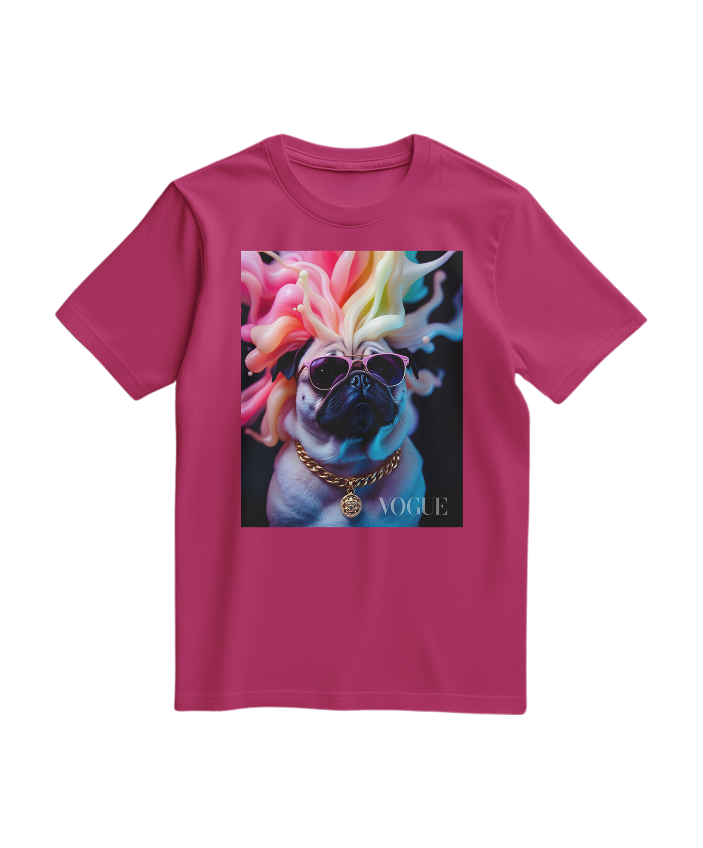 Camalestore camiseta Pug Chromatic Elite em fuscia com estampa de pug e detalhes coloridos, tecido confortável para uso casual.