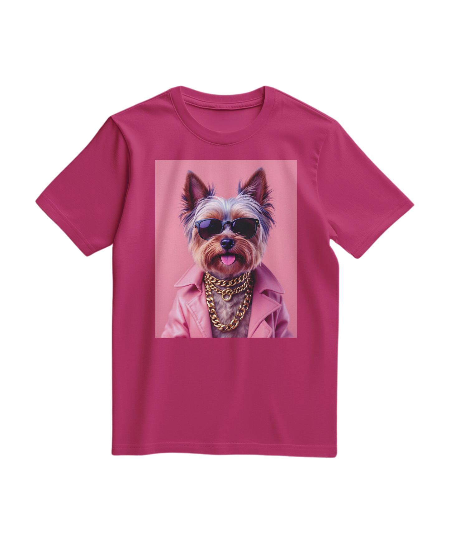 Camalestore camiseta fúcsia com estampa de um Yorkie Street Icon, tecido confortável e design moderno.