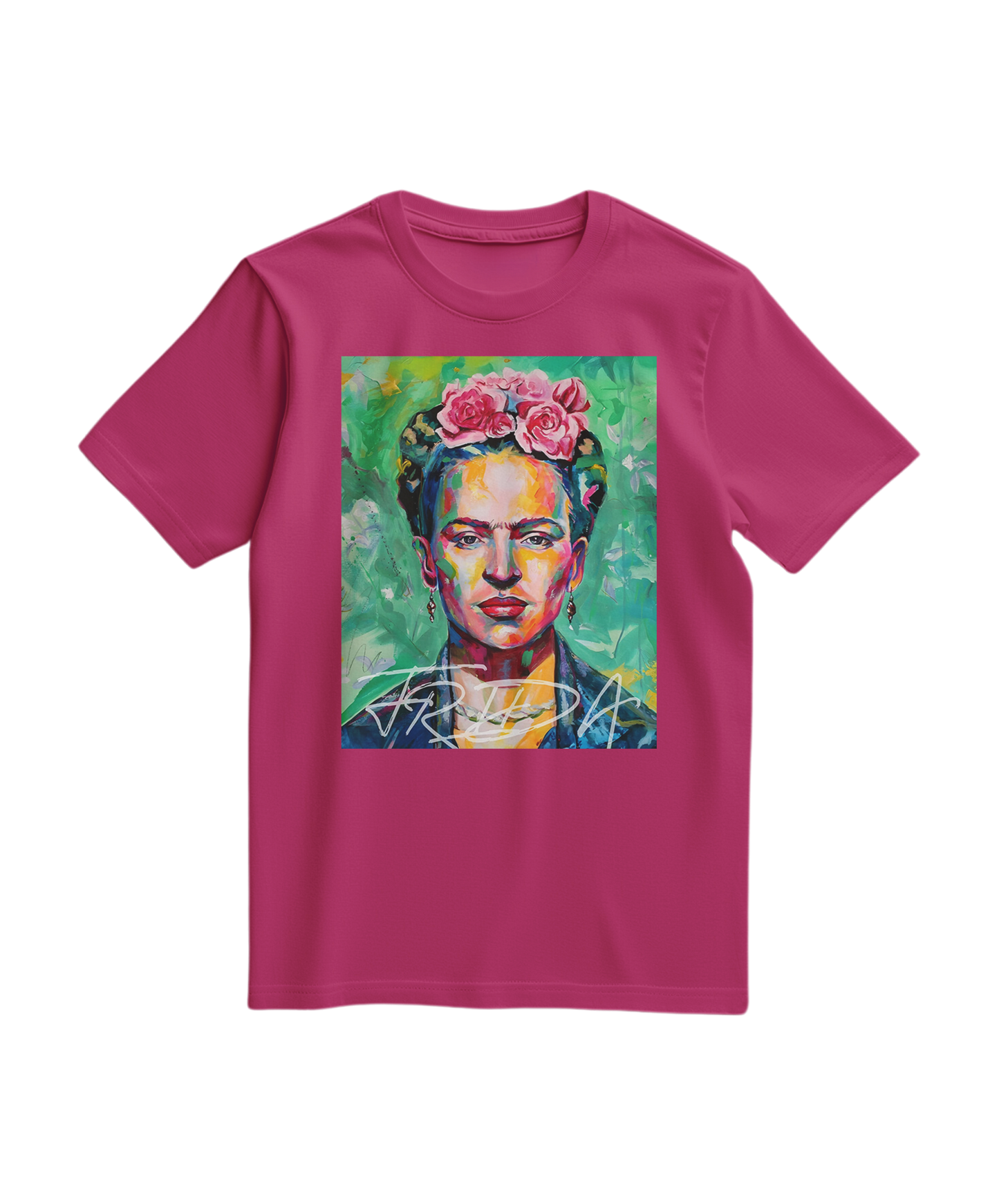 Camalestore T-shirt Kahlo Chromatic rosa fucsia com estampa artística, manga curta e gola redonda, visível na imagem.