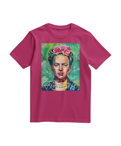 Camalestore T-shirt Kahlo Chromatic rosa fucsia com estampa artística, manga curta e gola redonda, visível na imagem.