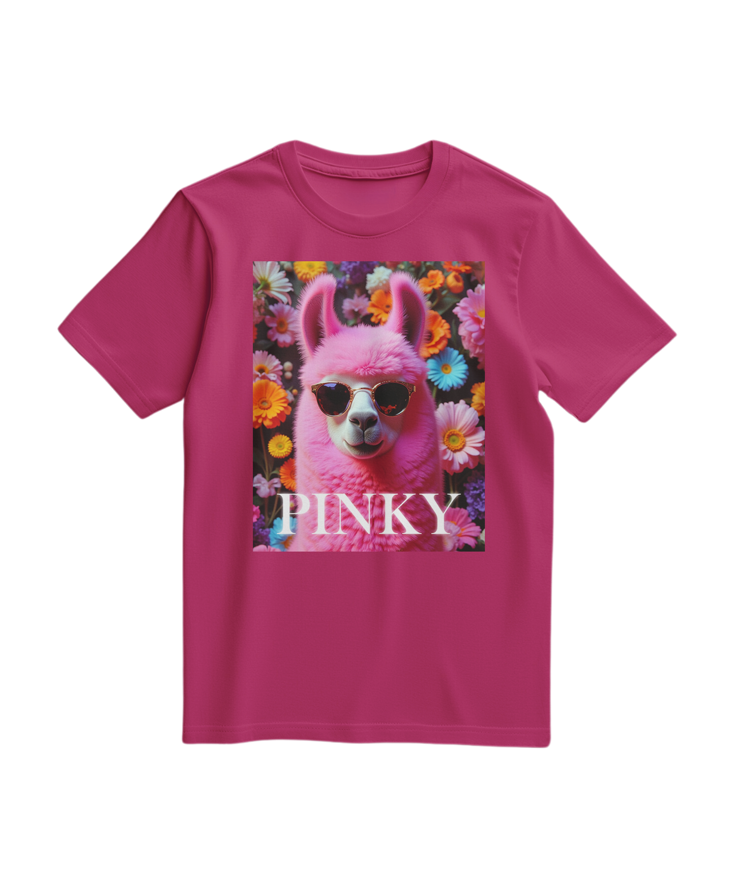 Camiseta rosa Llama Studio da Camalestore, camiseta de algodão com estampa de Llama em tom fúcsia, vista frontal.
