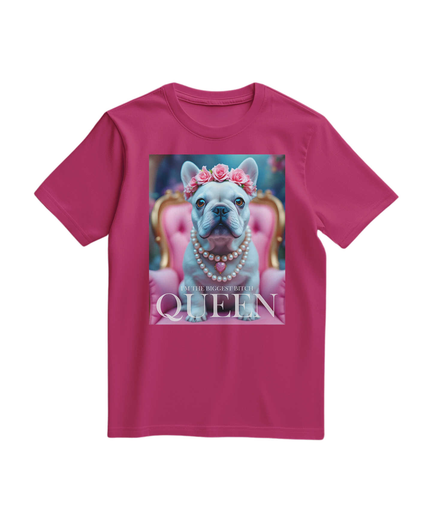 Camiseta Frenchie Queen da Camalestore, T-shirt fucsia com estampa de um buldogue francês e texto elegante.