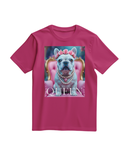 Camiseta Frenchie Queen da Camalestore, T-shirt fucsia com estampa de um buldogue francês e texto elegante.