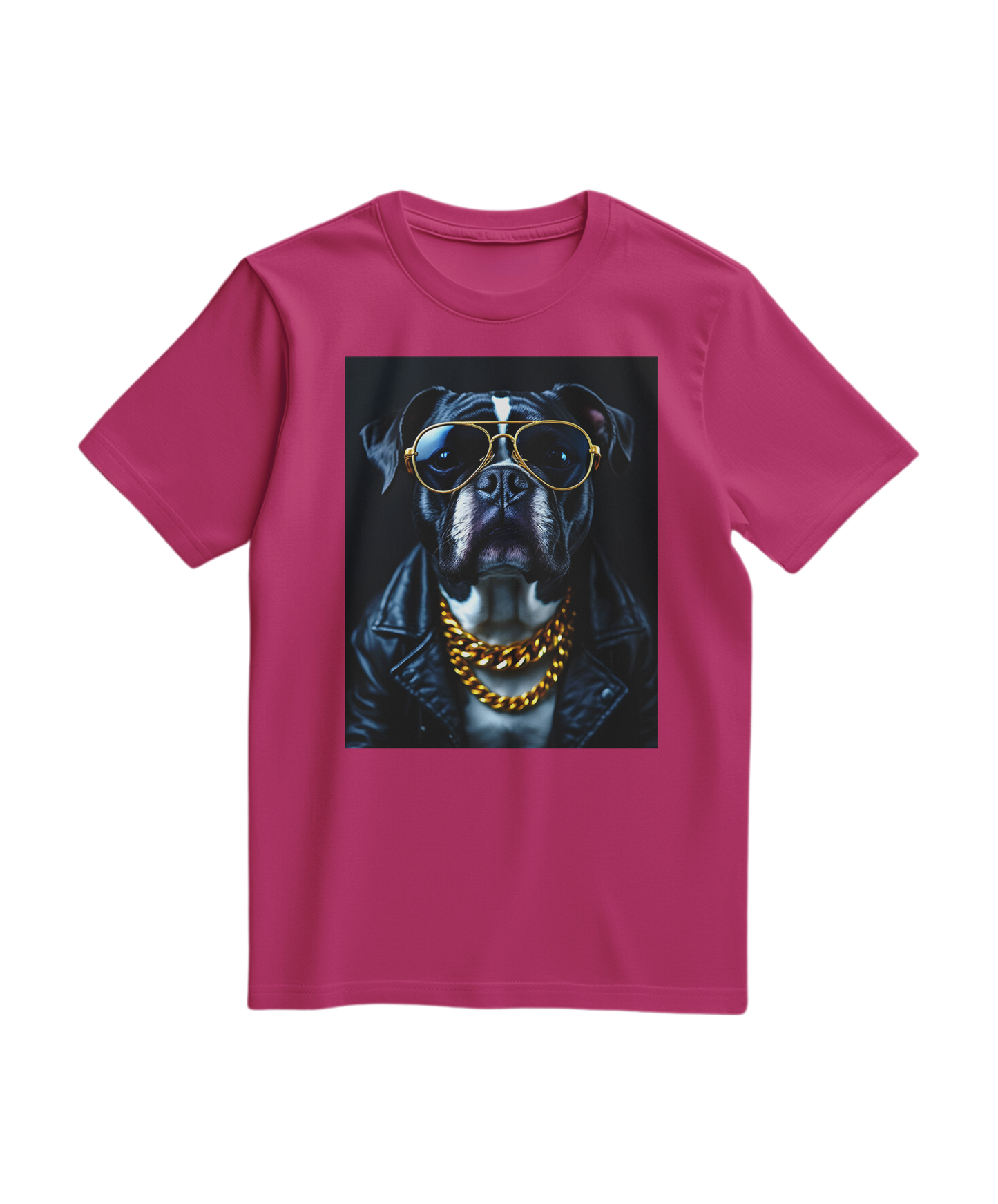 T-shirt Golden Rocker da Camalestore em cor fúcsia com design gráfico de rock, vista frontal no produto.