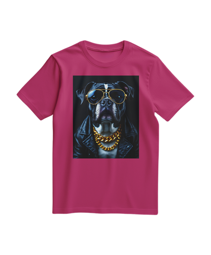 T-shirt Golden Rocker da Camalestore em cor fúcsia com design gráfico de rock, vista frontal no produto.