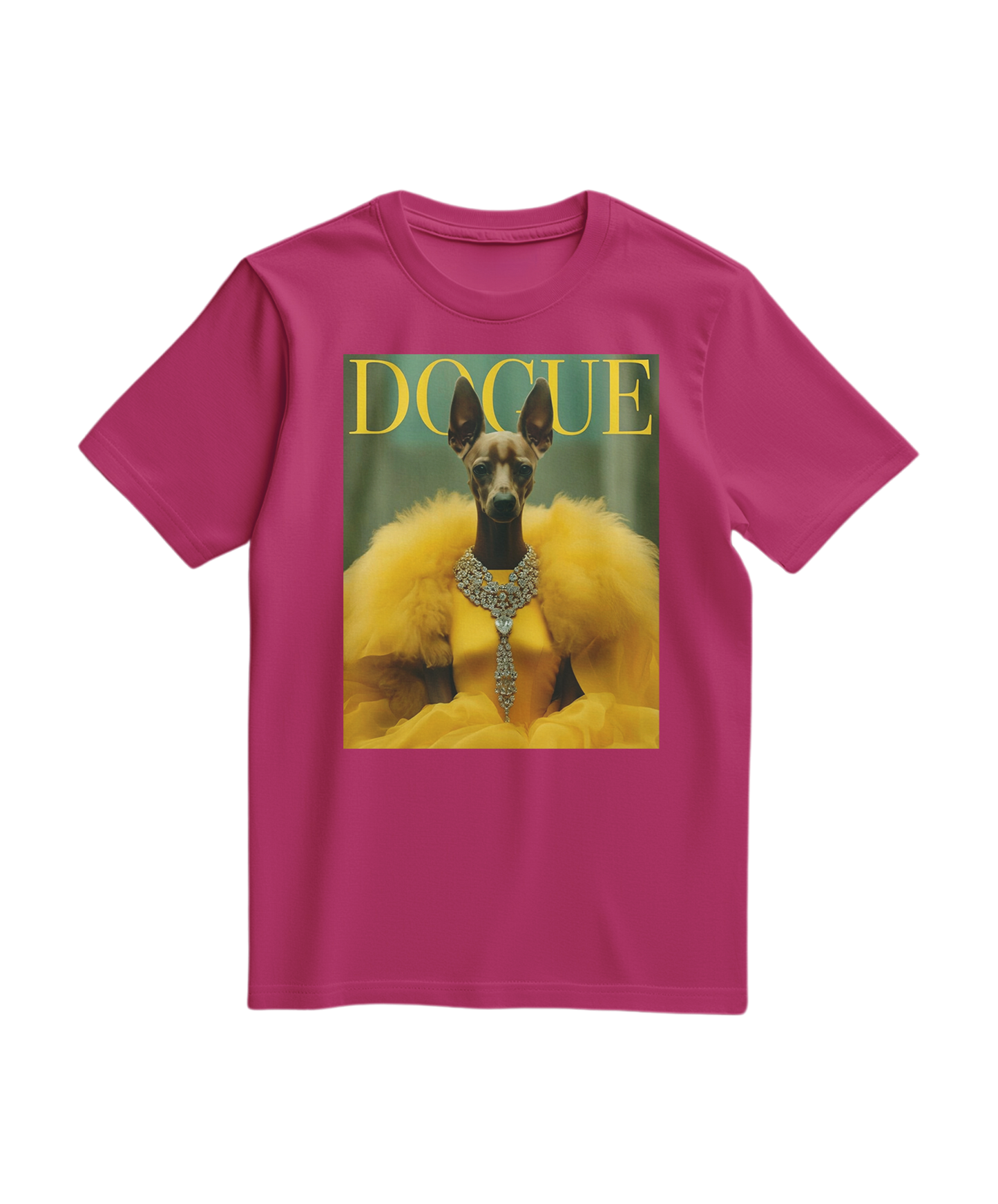 Camiseta T-shirt Dogue Majestic da Camalestore, em cor fúcsia, com estampa de cachorro Dogue, vista frontal.