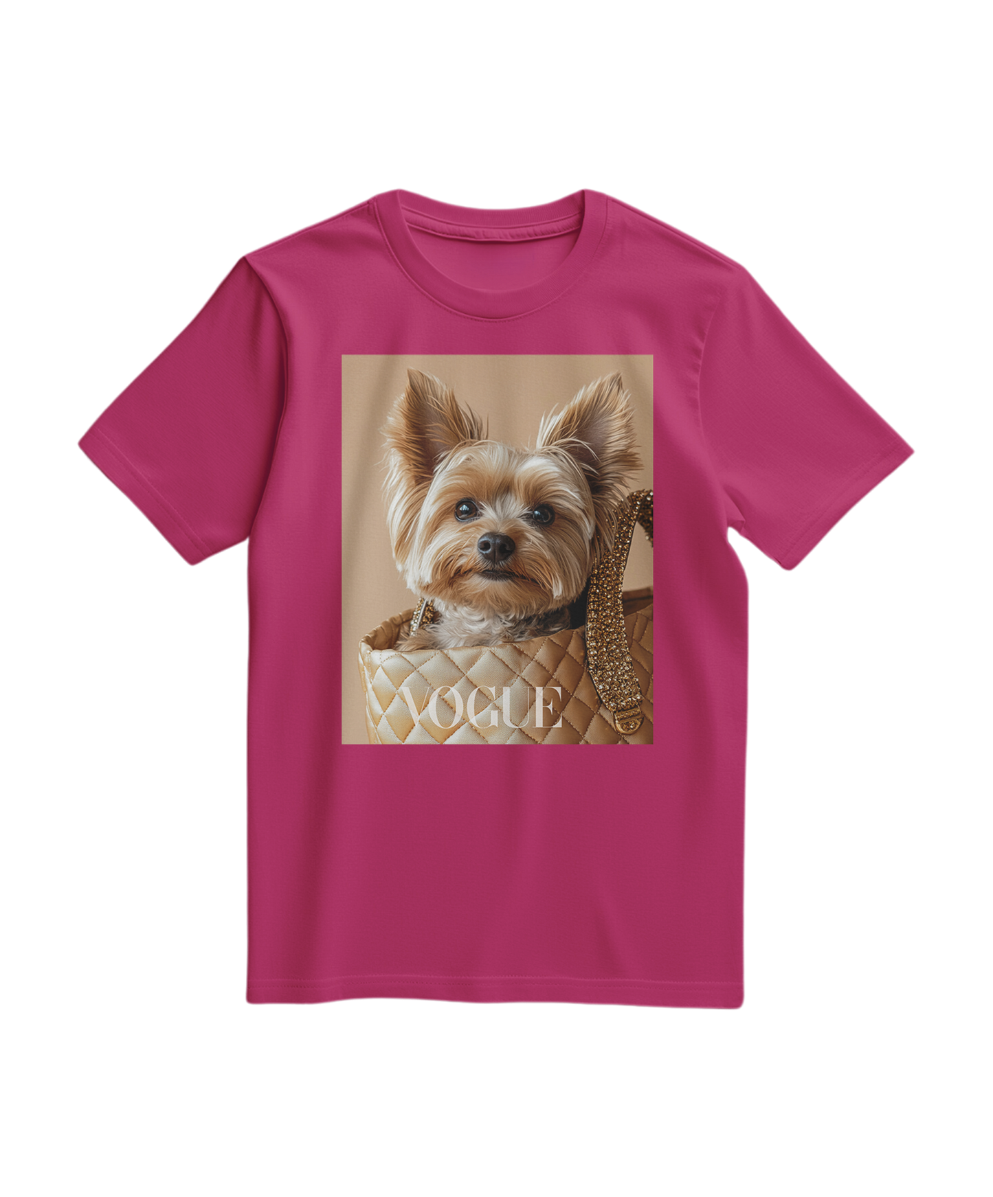 Camalestore T-shirt Yorkie Muse em cor fúcsia, com estampa do cão Yorkie, tecido confortável e design casual.