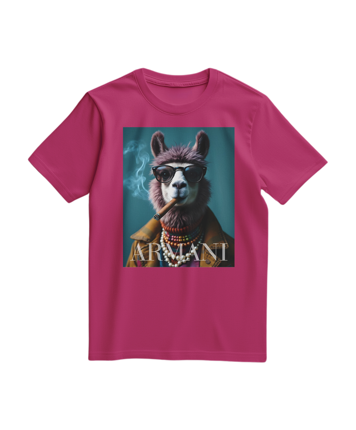 T-shirt Dapper Llama da Camalestore em cor fuscia com estampa de lhama elegante e moderna, vista de frente.