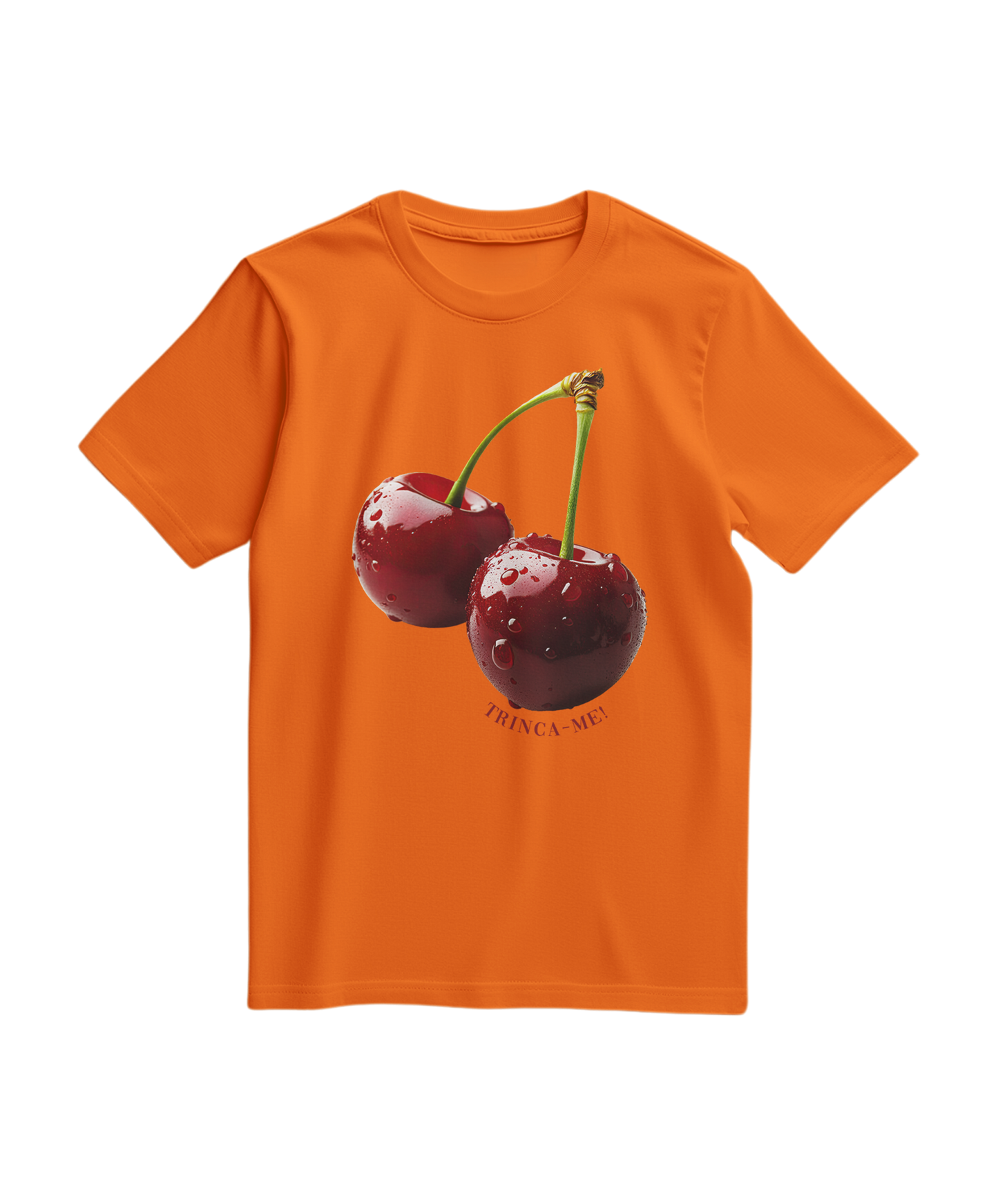 Camalestore camiseta laranja Cherry Bite Me com estampa de cereja mordida, vista frontal, confortável e estilosa.