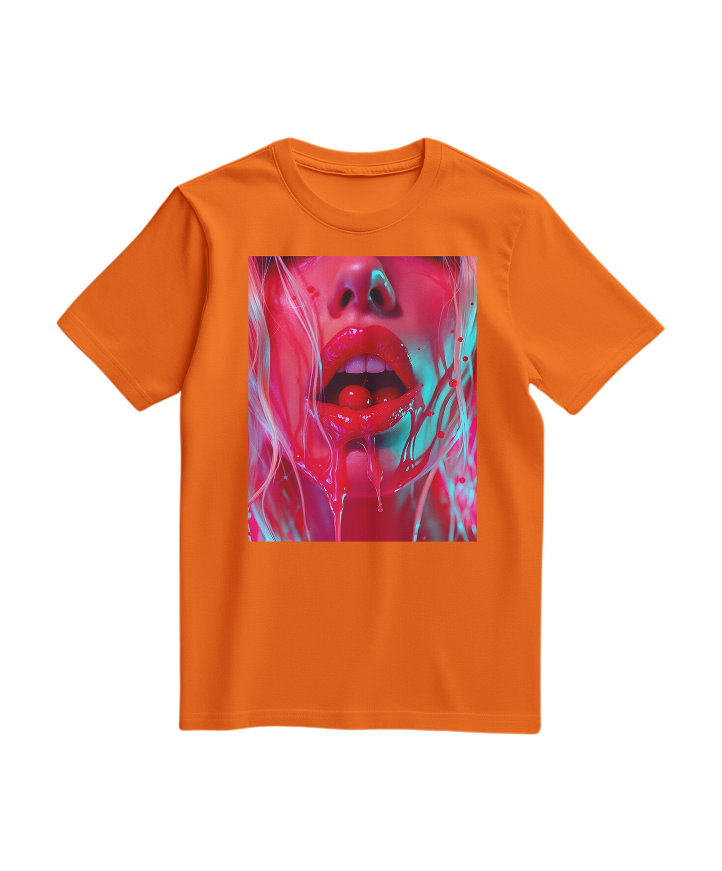 Camiseta Cherry Glaze da Camalestore em laranja, com estampa vibrante de cereja, vista de frente em fundo branco