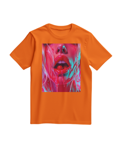 Camiseta Cherry Glaze da Camalestore em laranja, com estampa vibrante de cereja, vista de frente em fundo branco