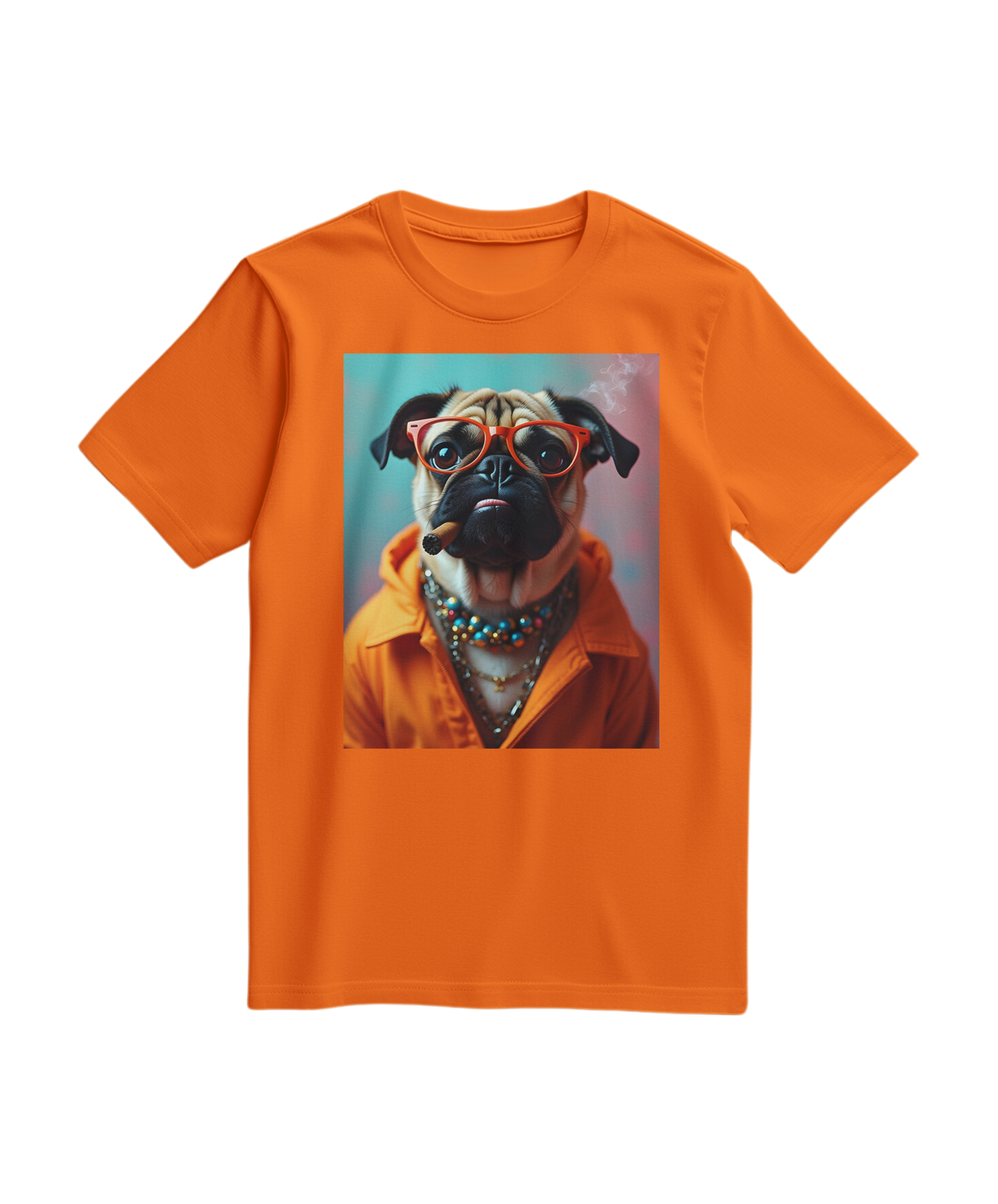 Camiseta laranja com estampa de pug rebel, feita pela Camalestore, exibindo o design colorido na frente da camiseta.