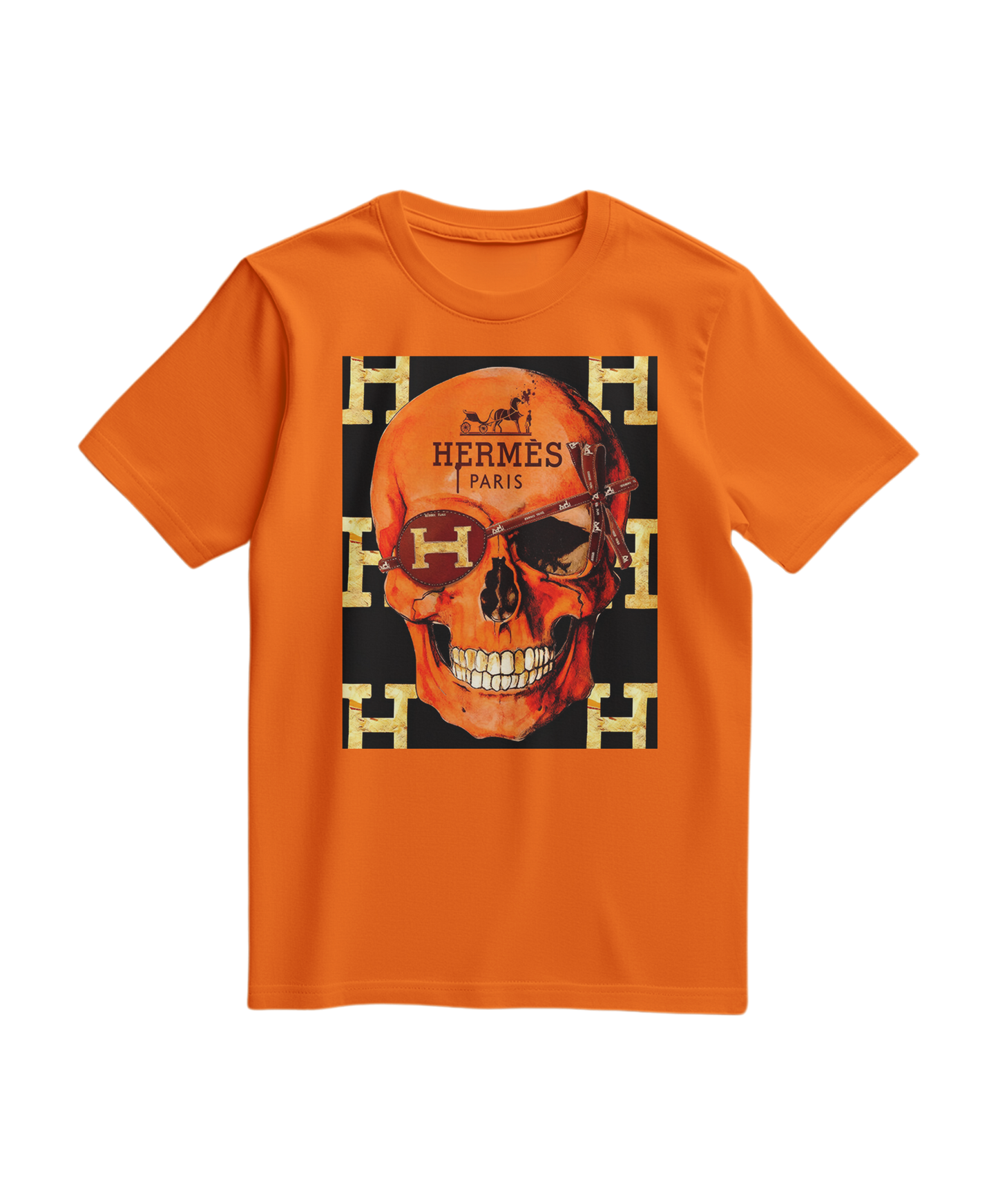 Camalestore camiseta laranja com estampa de caveira icônica, design de camiseta casual e moderna em tecido confortável.