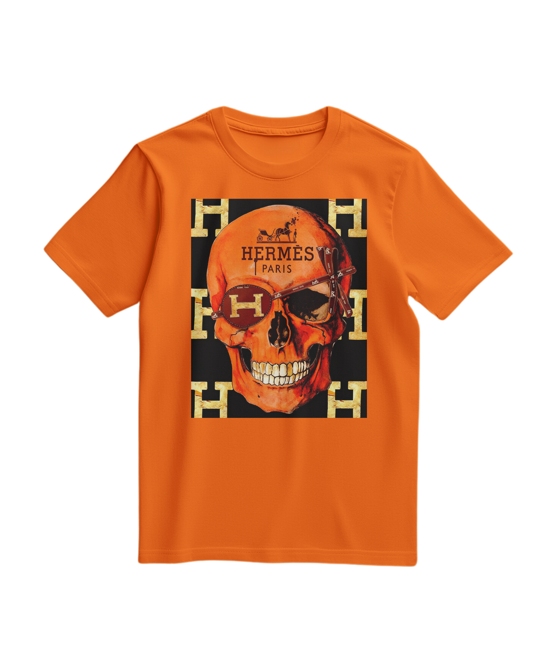 Camalestore camiseta laranja com estampa de caveira icônica, design de camiseta casual e moderna em tecido confortável.
