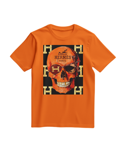Camalestore camiseta laranja com estampa de caveira icônica, design de camiseta casual e moderna em tecido confortável.