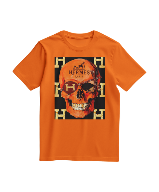 Camalestore camiseta laranja com estampa de caveira icônica, design de camiseta casual e moderna em tecido confortável.