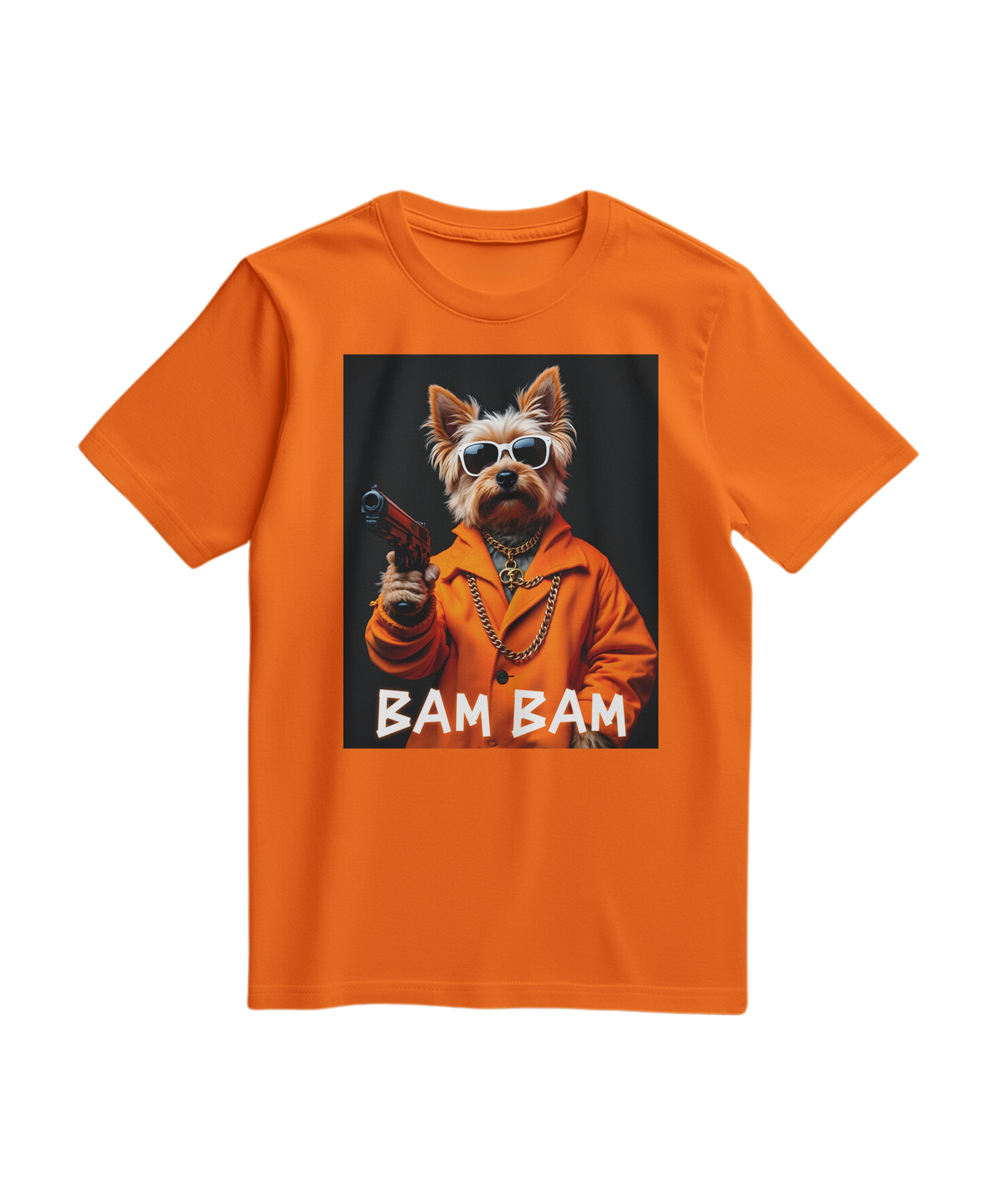 Camalestore camiseta laranja Bam Bam Gangster com estampa gráfica, tecido confortável e corte casual.