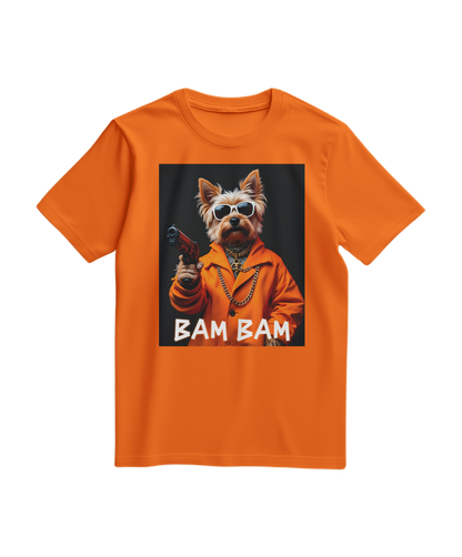 Camalestore camiseta laranja Bam Bam Gangster com estampa gráfica, tecido confortável e corte casual.