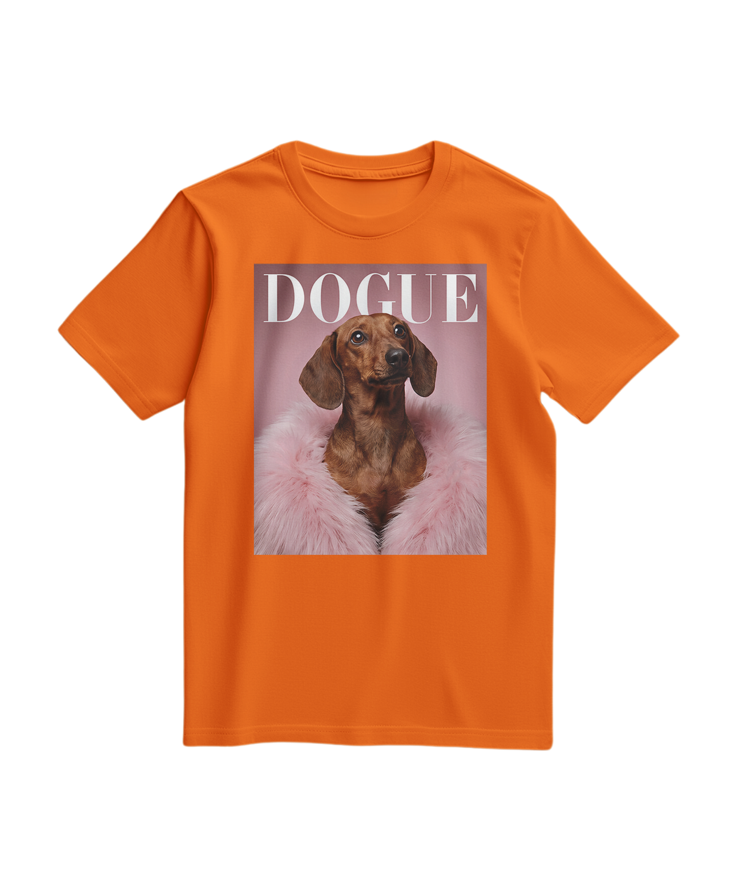 Camiseta laranja Dachshund Muse da Camalestore, com estampa de cachorro deitado e detalhes coloridos, vista frontal.