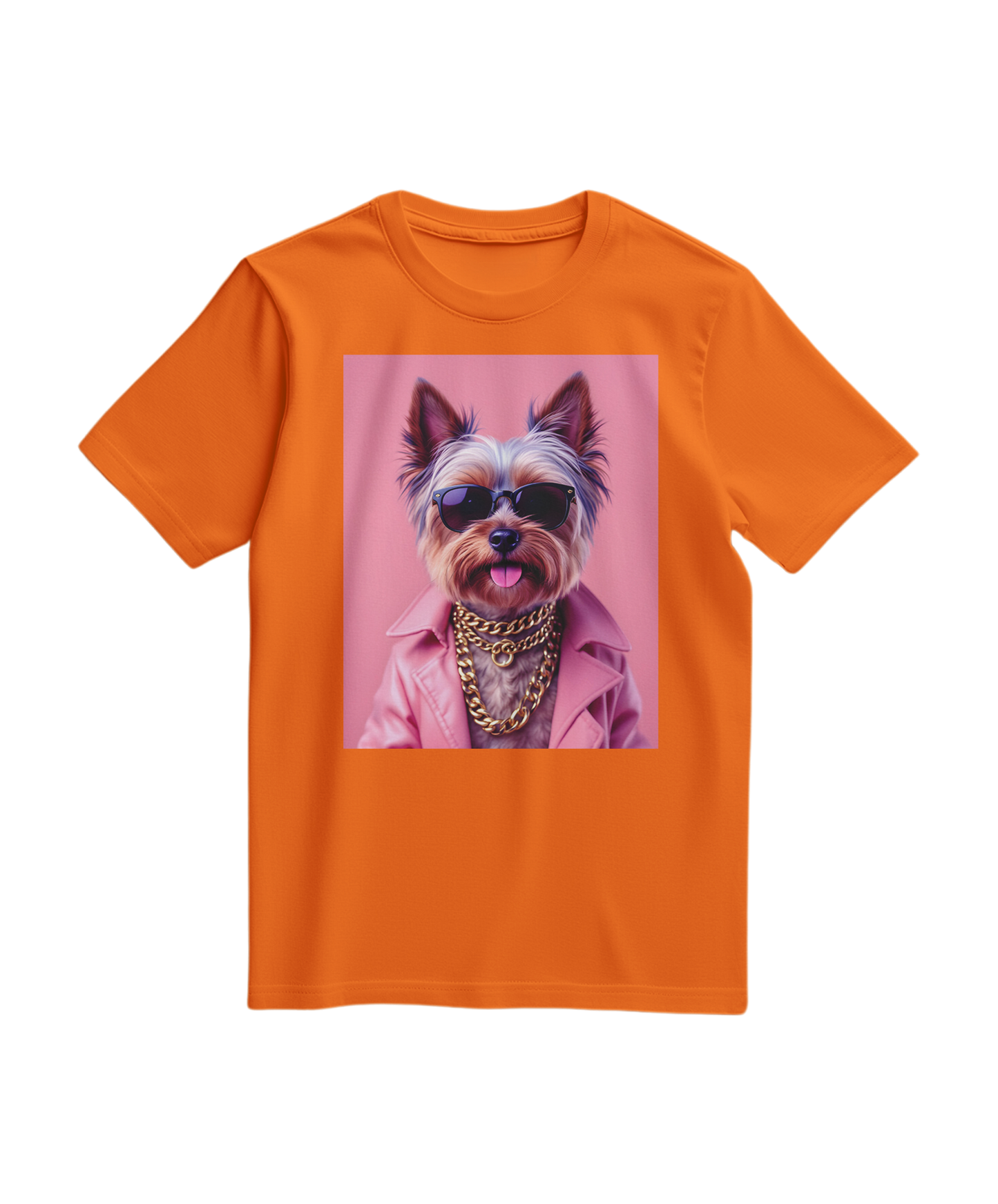 Camiseta laranja Camalestore com estampa de um yorkshire street icon, vista frontal, feita de algodão confortável.