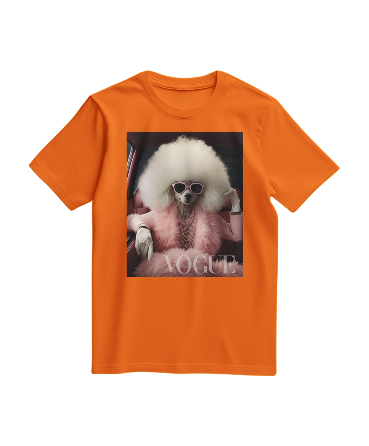 Camiseta Poodle Glam da Camalestore, camiseta laranja com estampa de poodle estilizado, tecido confortável e design moderno