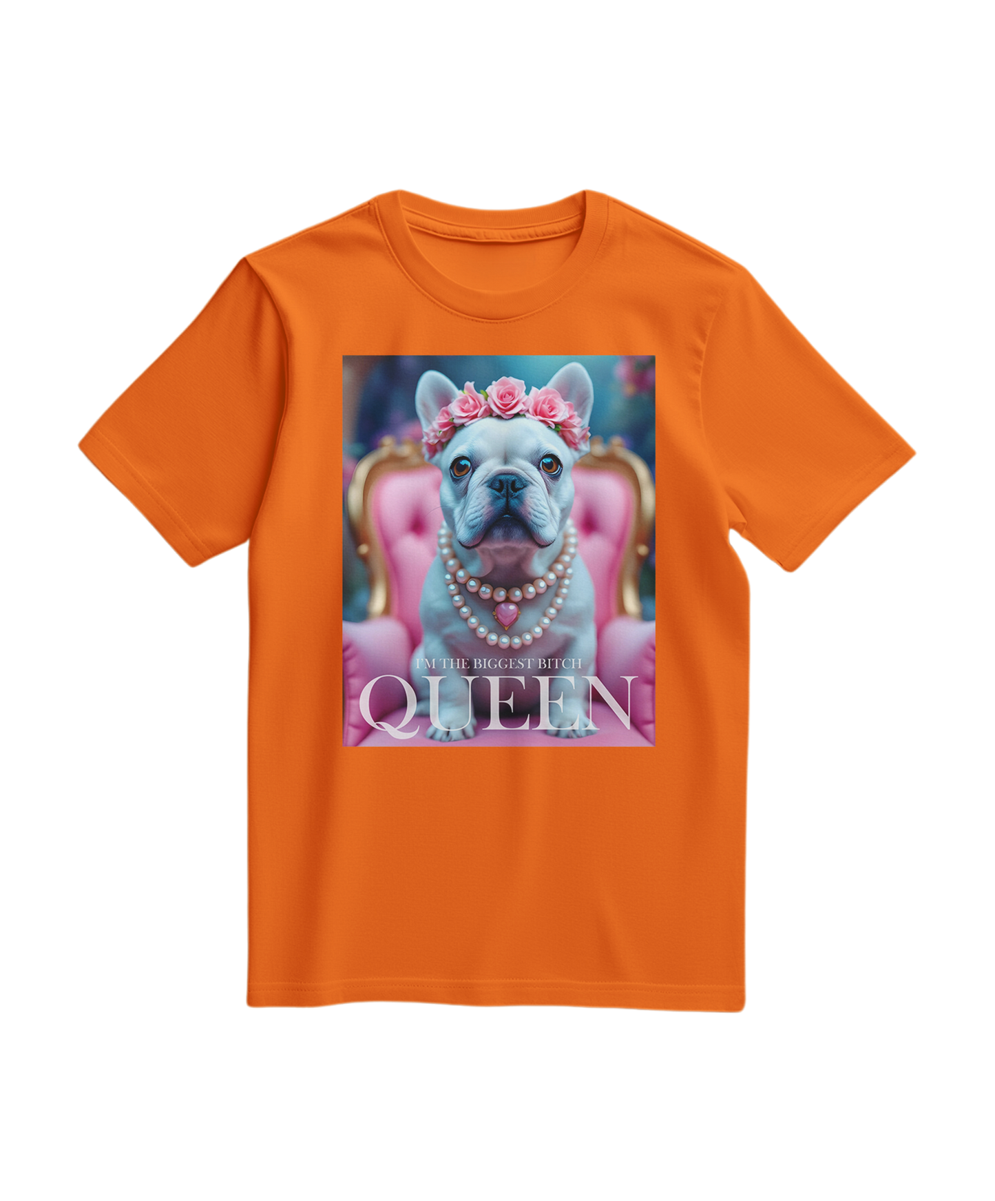 Camiseta T-shirt Frenchie Queen da Camalestore em laranja, com estampa de cachorro French Bulldog e detalhes femininos.