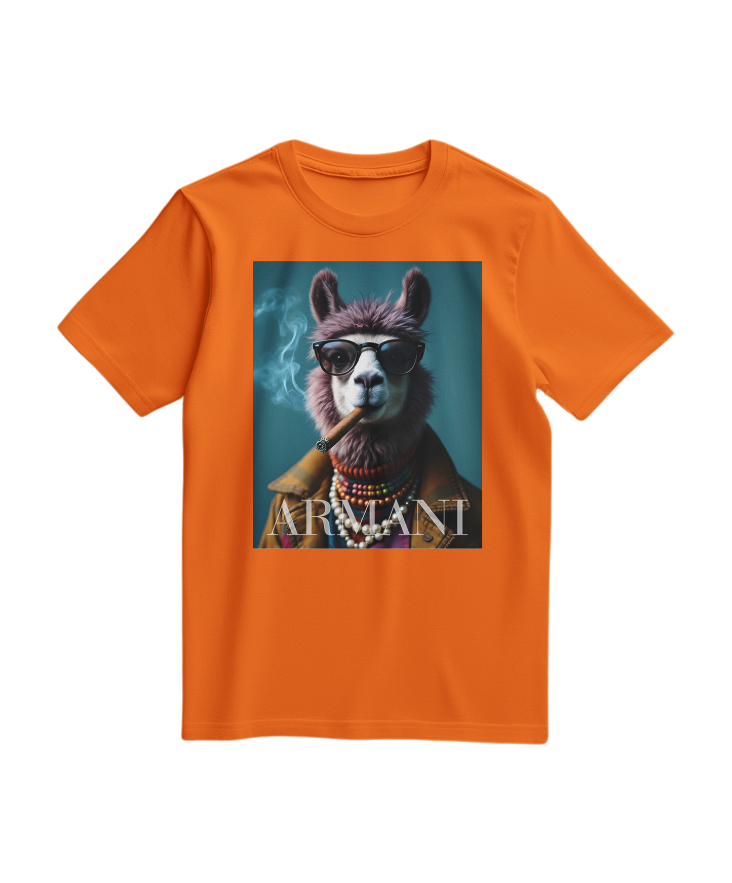 Camiseta laranja Dapper Llama da Camalestore, com estampa de lama e design casual, vista na imagem.
