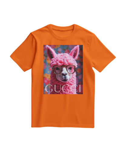 T-shirt laranja Camalestore com ícone de alpaca, tecido confortável e design casual, para um visual descontraído e moderno.
