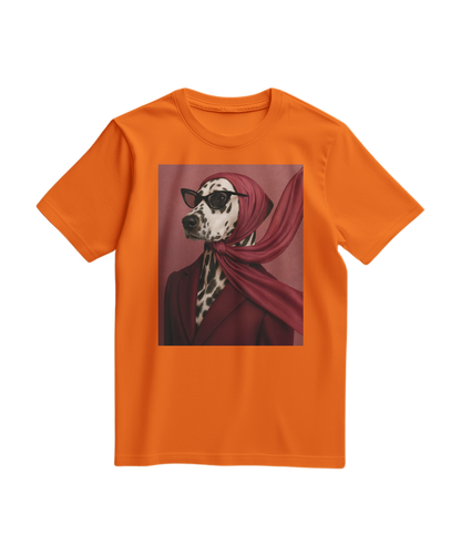 Camalestore T-shirt Spot Luxe laranja com estampa discreta, tecido confortável e design moderno, vestuário casual para o dia a dia.