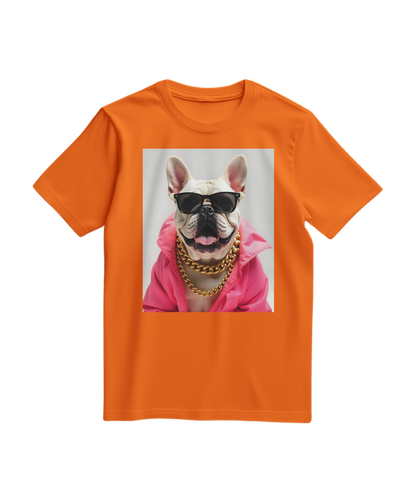 Camiseta Bulldog Azure Pop da Camalestore, com estampa de cachorro bulldog em fundo azul, vista frontal.