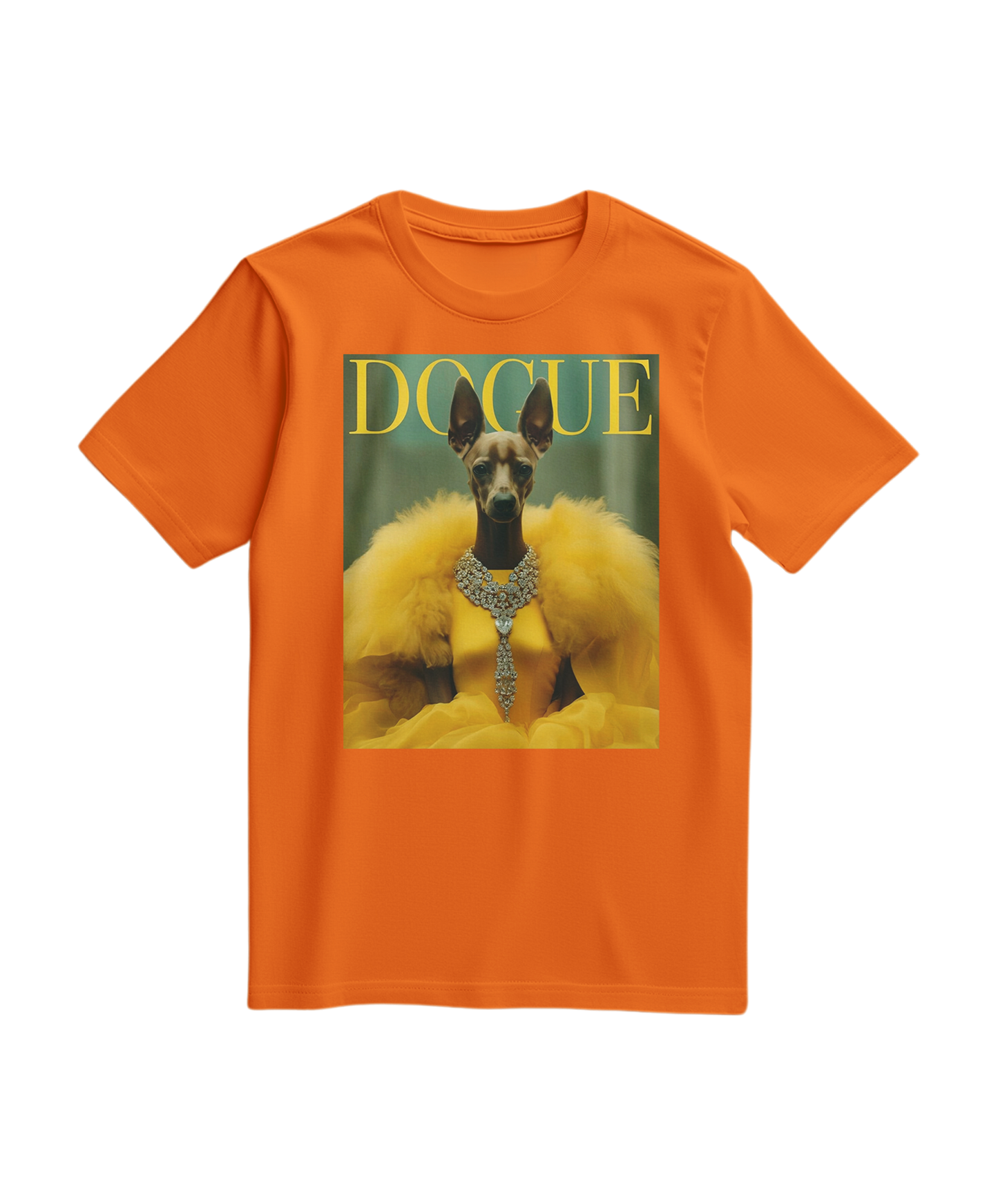 Camiseta Dogue Majestic da Camalestore, em laranja, com estampa de cão majestoso, vista frontal em fundo branco.
