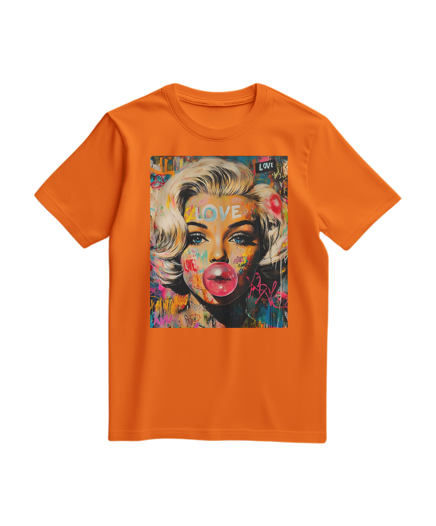 Camiseta Marilyn Pop Rebel da Camalestore em laranja, com estampa icônica de Marilyn Monroe na frente.