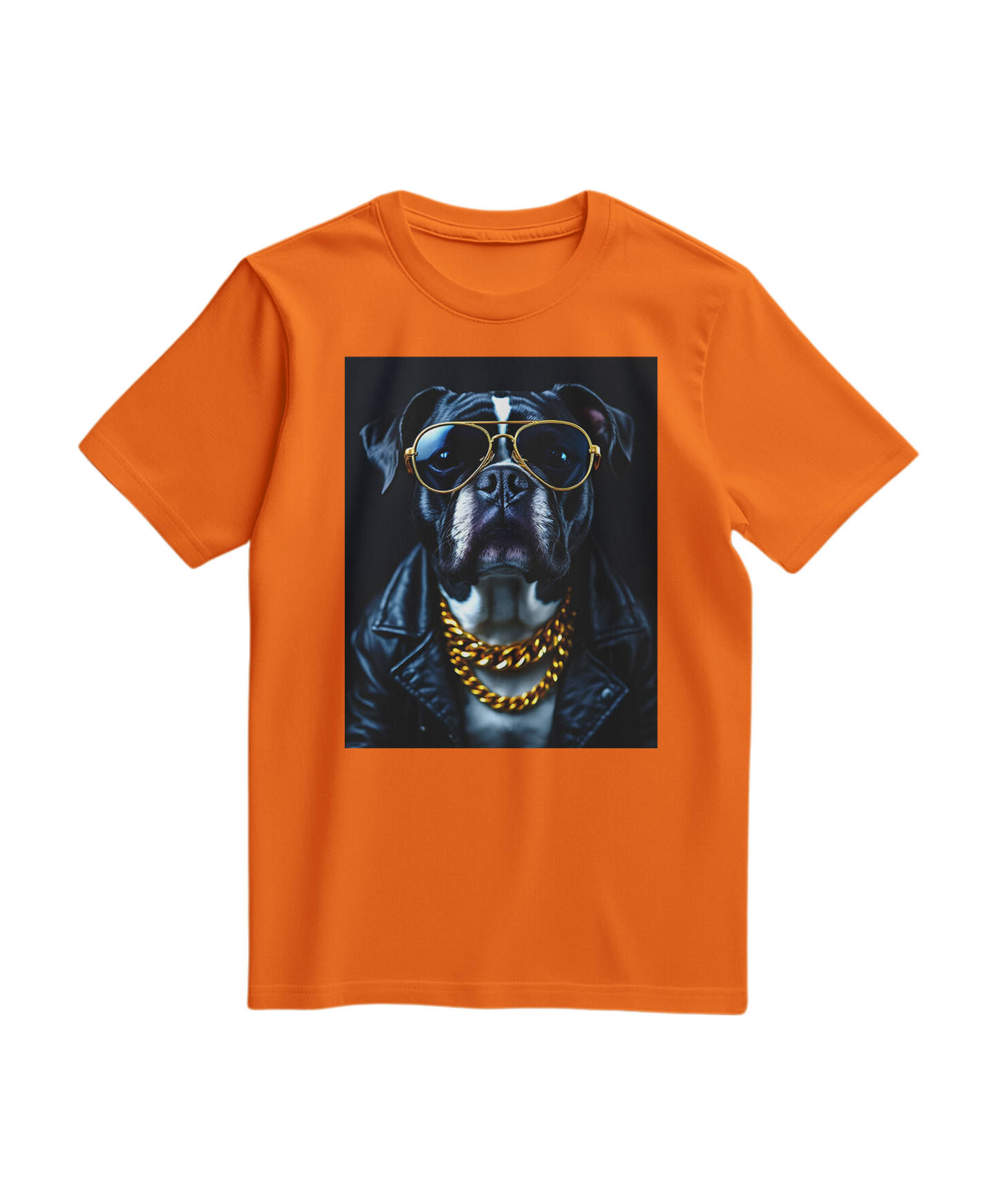 T-shirt laranja Golden Rocker da Camalestore, com design colorido e confortável, vista frontal sobre fundo branco.