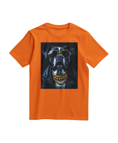 T-shirt laranja Golden Rocker da Camalestore, com design colorido e confortável, vista frontal sobre fundo branco.
