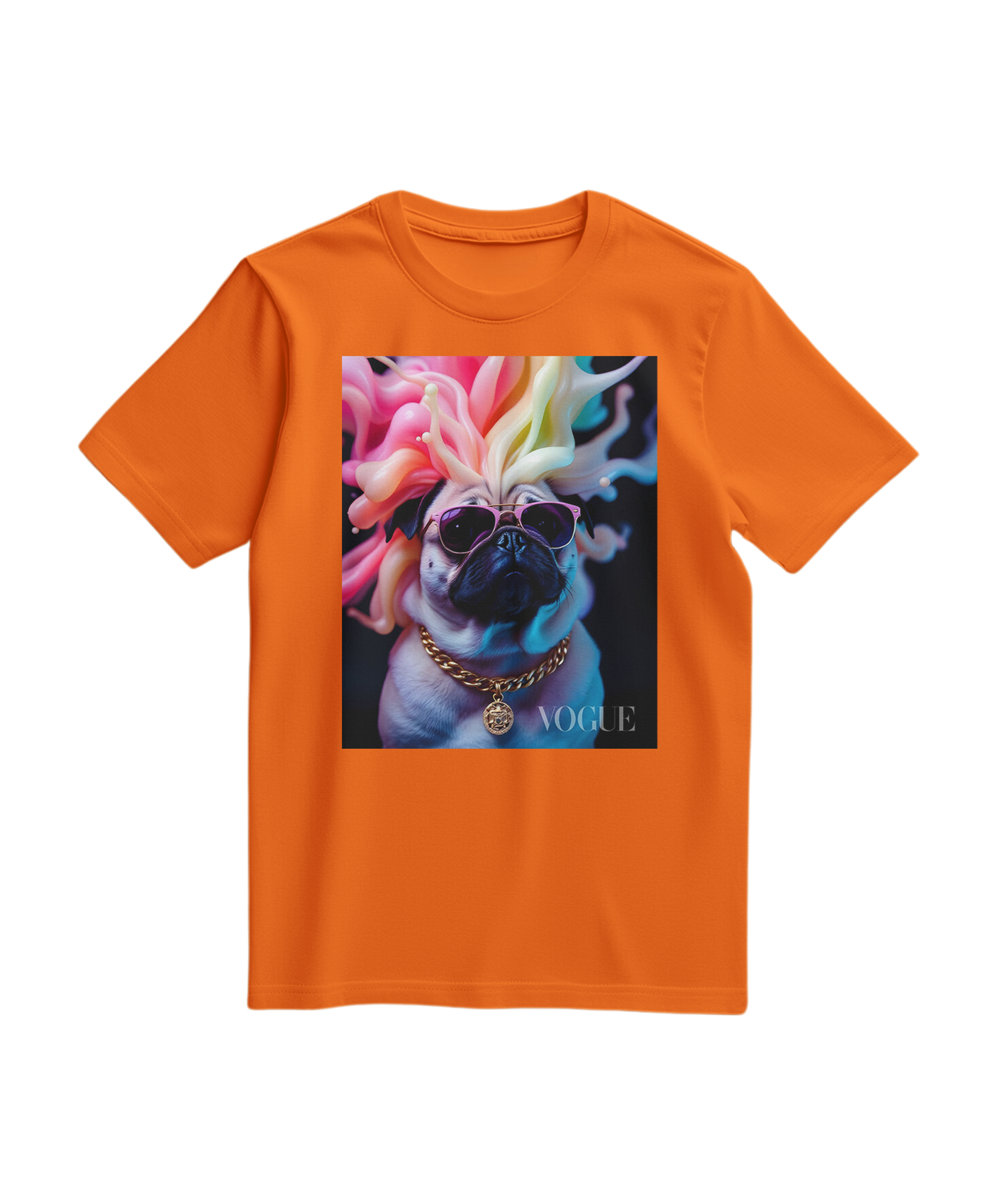 Camiseta Pug Chromatic Elite da Camalestore, camiseta laranja com estampa de pug, roupa casual confortável e moderna