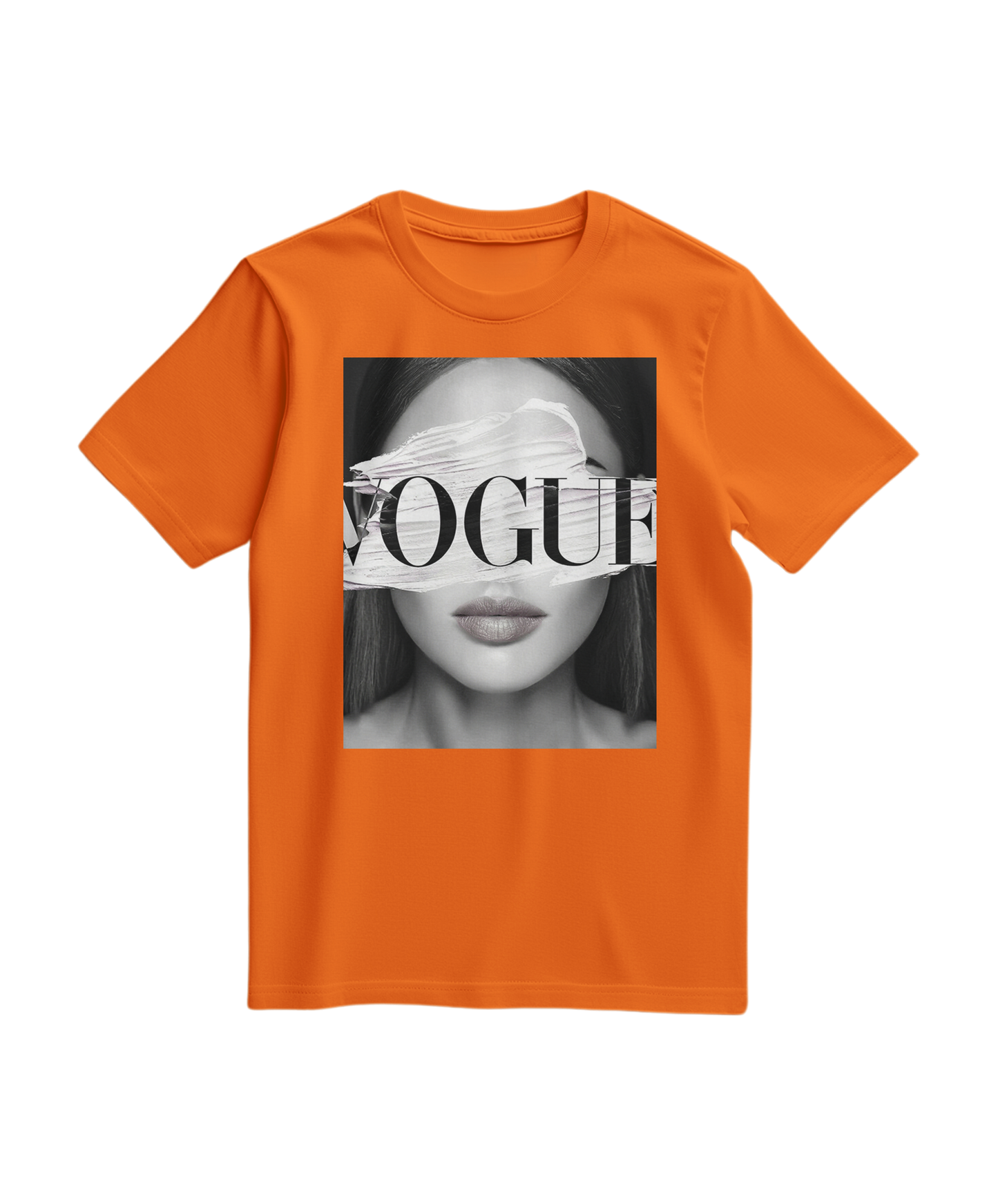 Camiseta laranja Camalestore com estampa de olhos V, manga curta e caimento casual, vista frontal.