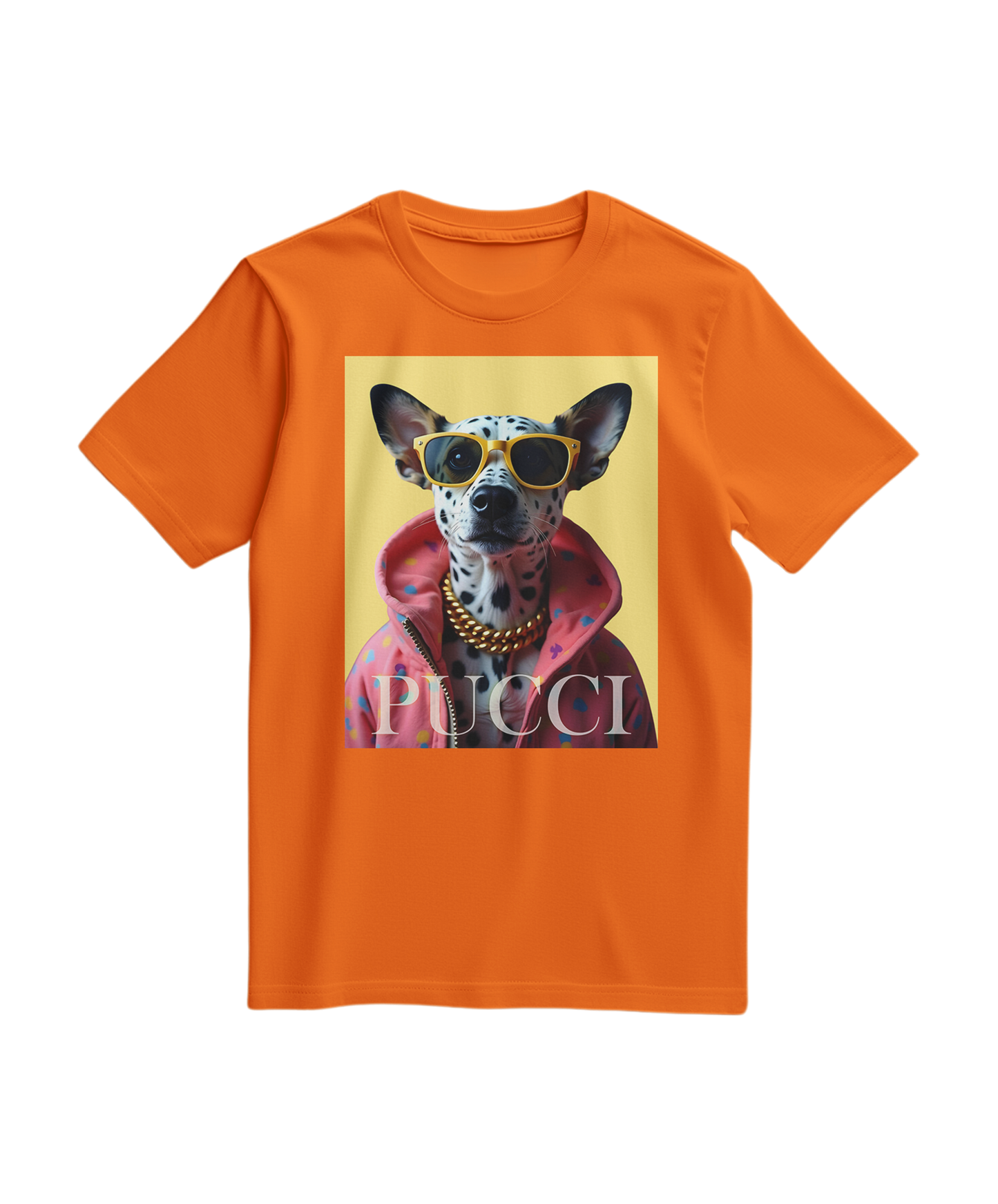 T-shirt laranja da Camalestore com estampa de dálmata hipoalergênico, estilo casual e confortável para o dia a dia.