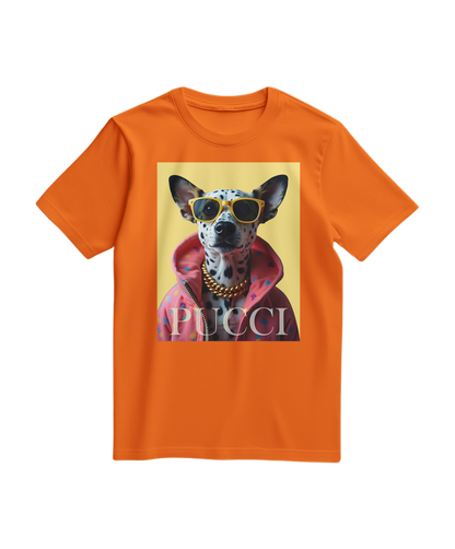 T-shirt laranja da Camalestore com estampa de dálmata hipoalergênico, estilo casual e confortável para o dia a dia.