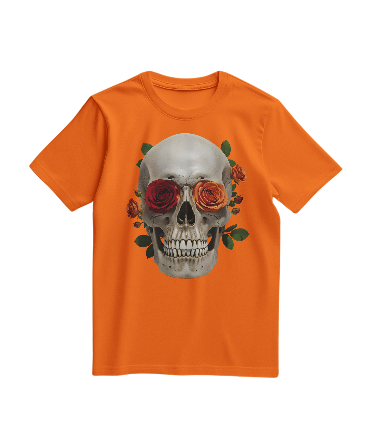 Camiseta laranja da Camalestore com estampa de caveira e rosas, camiseta de manga curta, estilo casual e moderno.