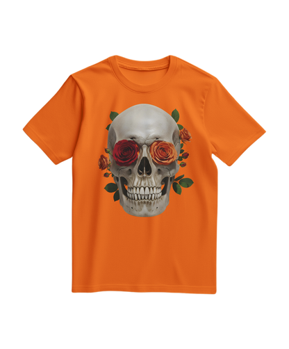 Camiseta laranja da Camalestore com estampa de caveira e rosas, camiseta de manga curta, estilo casual e moderno.