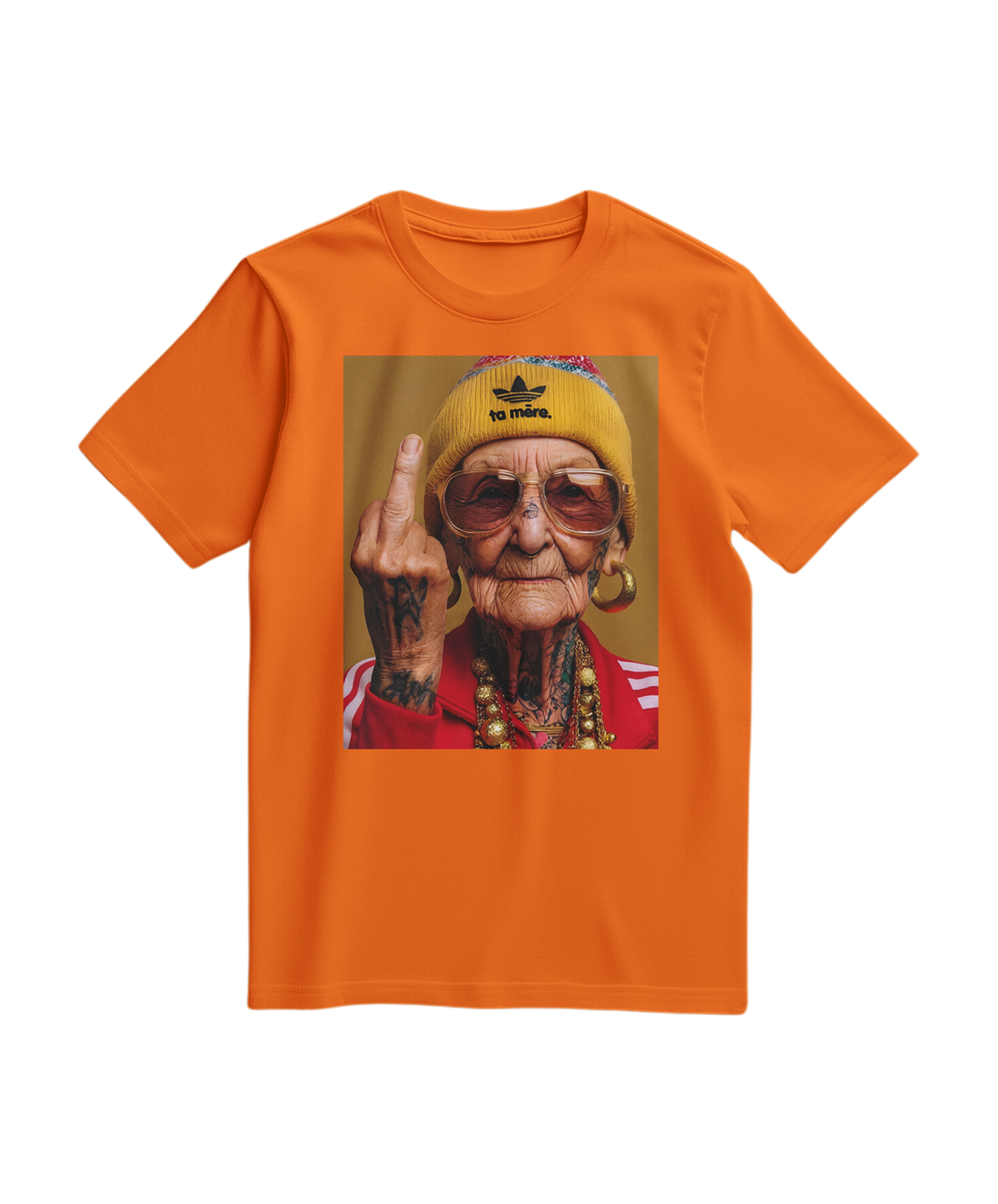 Camalestore T-shirt Ta Mère laranja, camiseta casual de manga curta com estampa moderna, vista em fundo branco