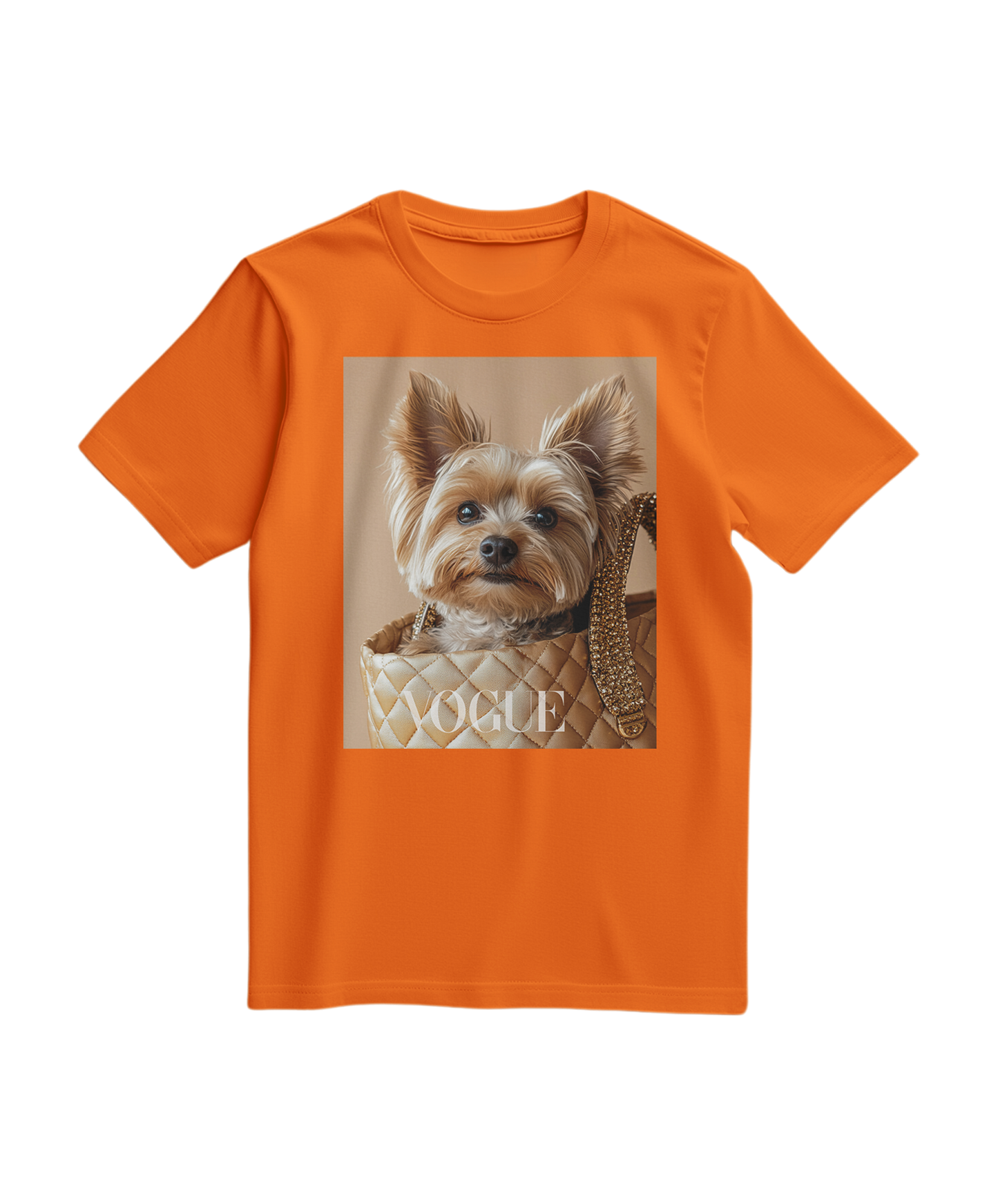 Camiseta laranja Yorkie Muse da Camalestore, com estampa de cachorro Yorkie, vista em um manequim.