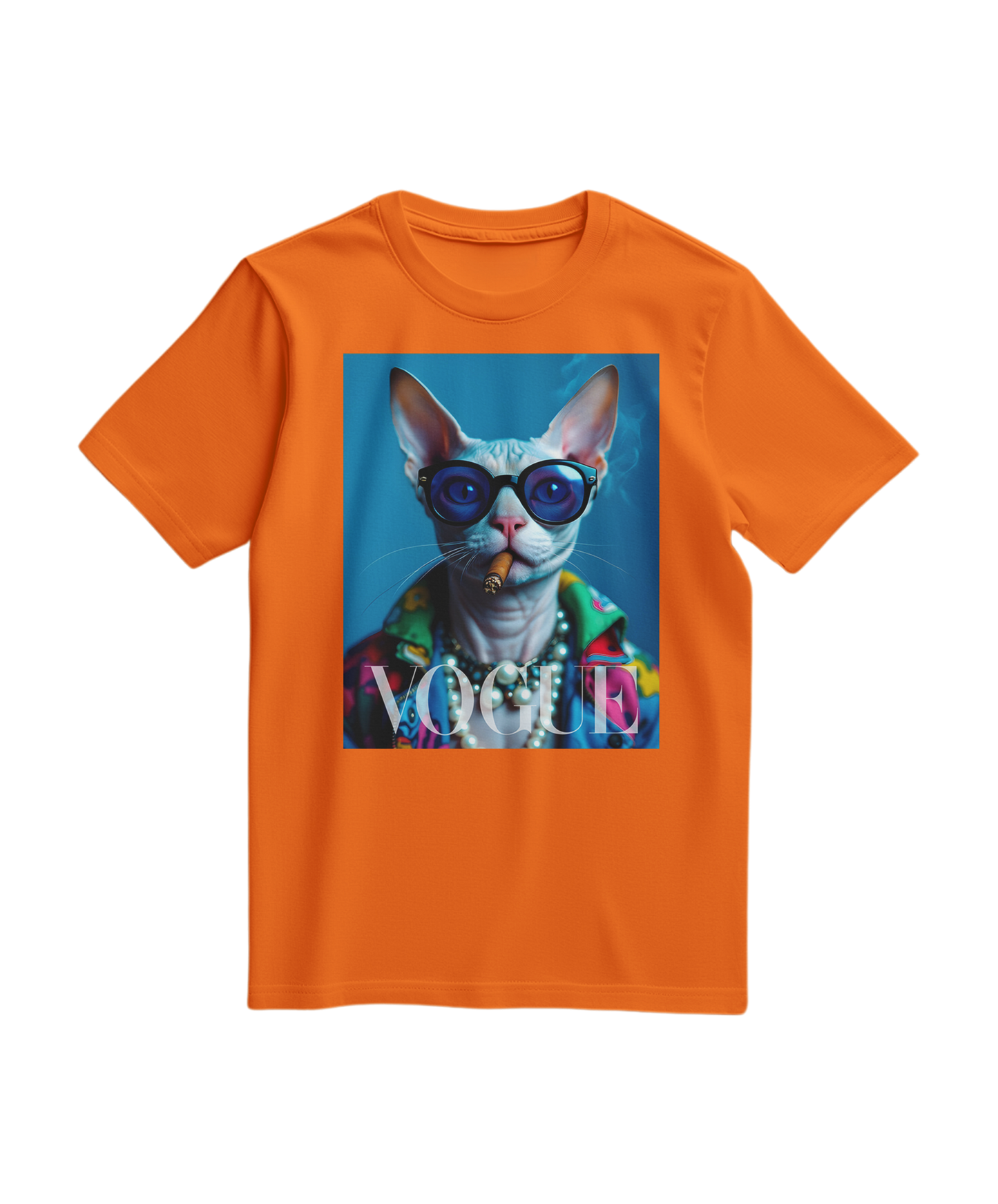 Camiseta laranja Neo-Sphynx Studio da Camalestore, vista frontal com design colorido e detalhes visíveis na imagem.