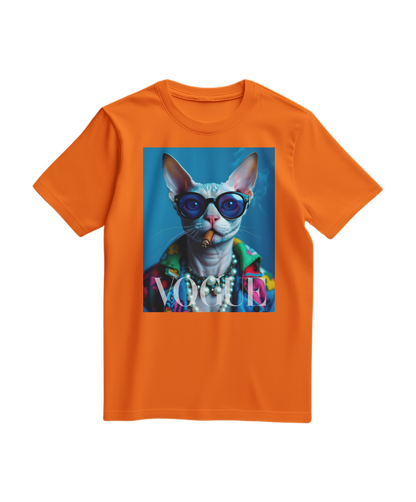 Camiseta laranja Neo-Sphynx Studio da Camalestore, vista frontal com design colorido e detalhes visíveis na imagem.