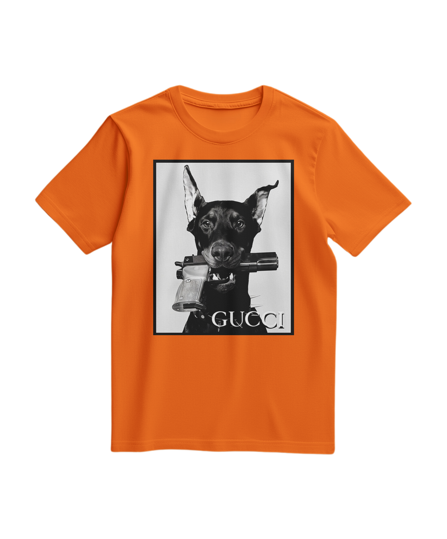 Camiseta laranja Dog Amunition da Camalestore, camiseta de algodão com estampa de cachorro e texto divertido na frente.