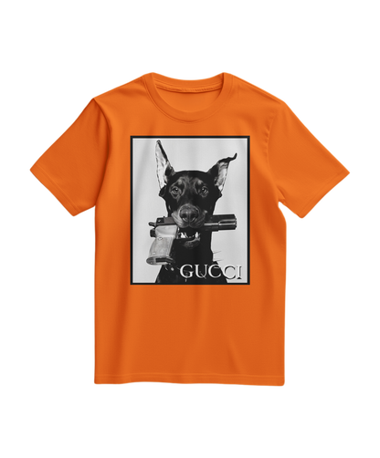 Camiseta laranja Dog Amunition da Camalestore, camiseta de algodão com estampa de cachorro e texto divertido na frente.