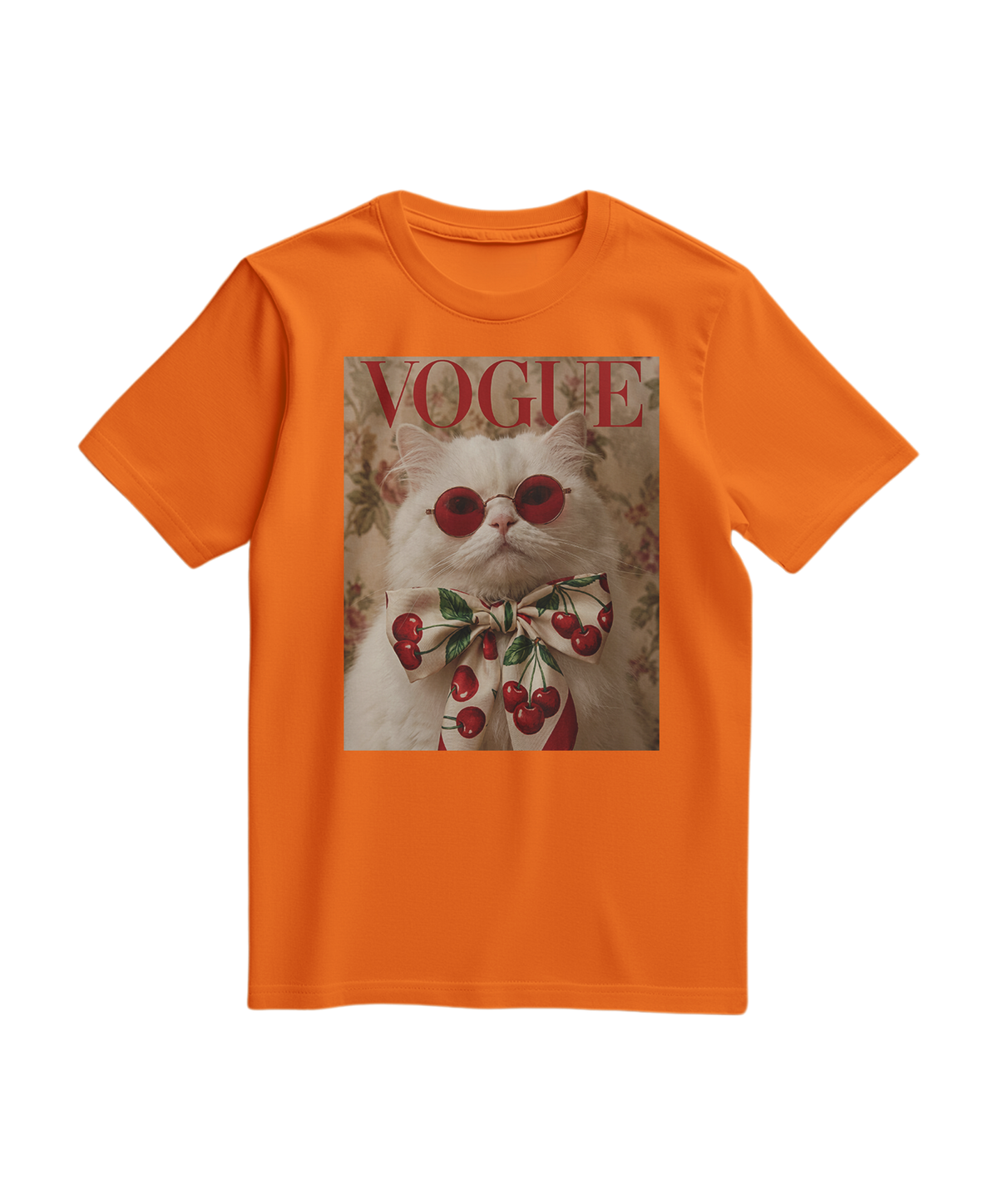 Camiseta Velvet Cherry da Camalestore em cor laranja, com estampa de cereja e tecido macio, vista frontal.