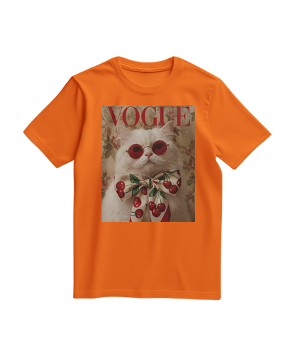 Camiseta Velvet Cherry da Camalestore em cor laranja, com estampa de cereja e tecido macio, vista frontal.